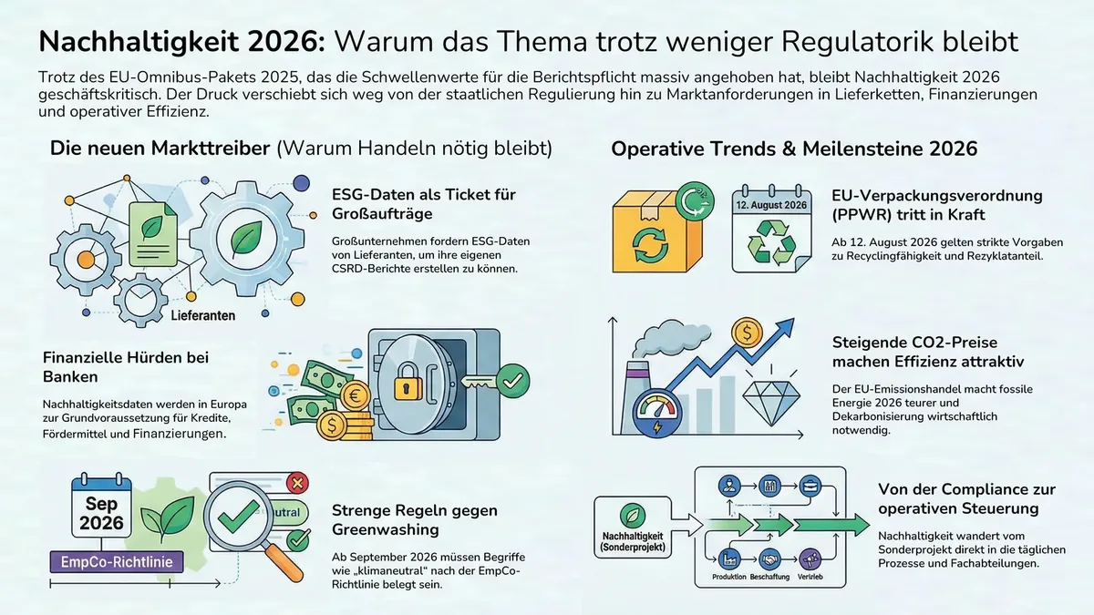 Infografik „Nachhaltigkeit 2026: Warum das Thema trotz weniger Regulatorik bleibt“ – links die neuen Marktreiber (ESG-Daten als Ticket für Großaufträge, finanzielle Hürden bei Banken, strenge Regeln gegen Greenwashing durch die EmpCo-Richtlinie ab September 2026), rechts die operativen Trends und Meilensteine 2026 (EU-Verpackungsverordnung PPWR tritt in Kraft, steigende CO₂-Preise machen Effizienz attraktiver, von der Compliance zur operativen Steuerung).